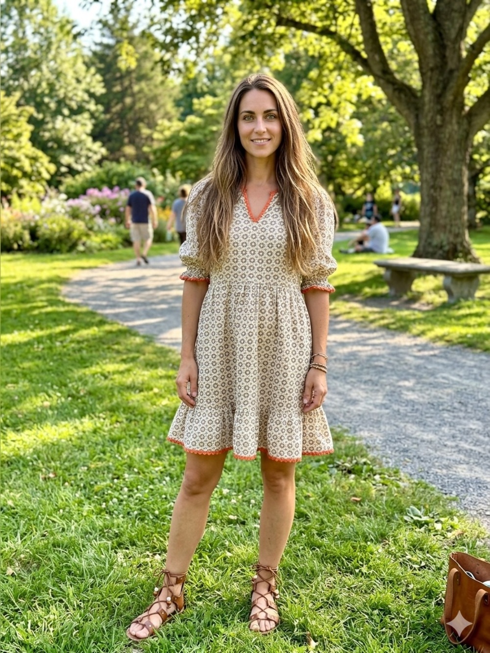 Boho Cream Printed Ruffle Dress with Orange Trim